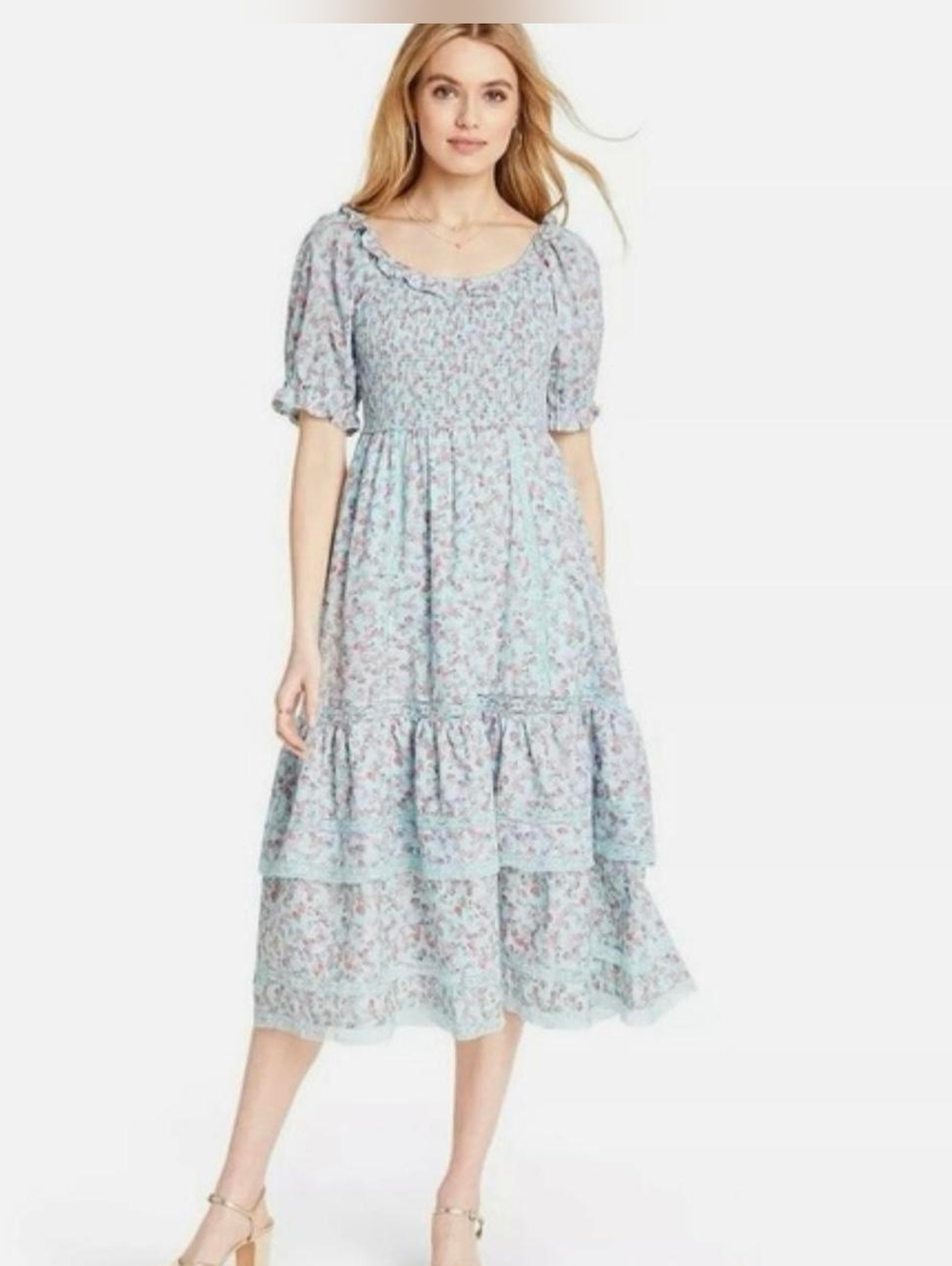 Cinderella Loveshackfancy Celeste Pink Blue Ditzy Rose Summer Midi Scoop Dress S